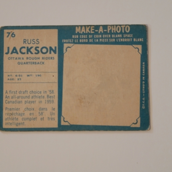 CFL 1961 Russ Jackson Football Card - Picture 4 of 4